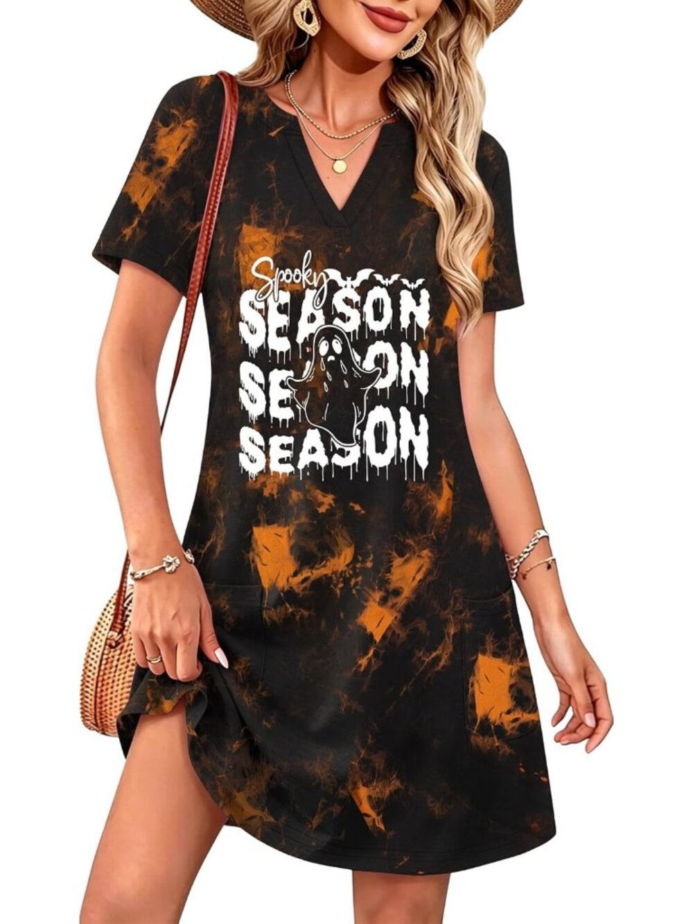 🆕Women's Spooky Season Ghost Tie Dye V-Neck Short Sleeve Dress Pockets